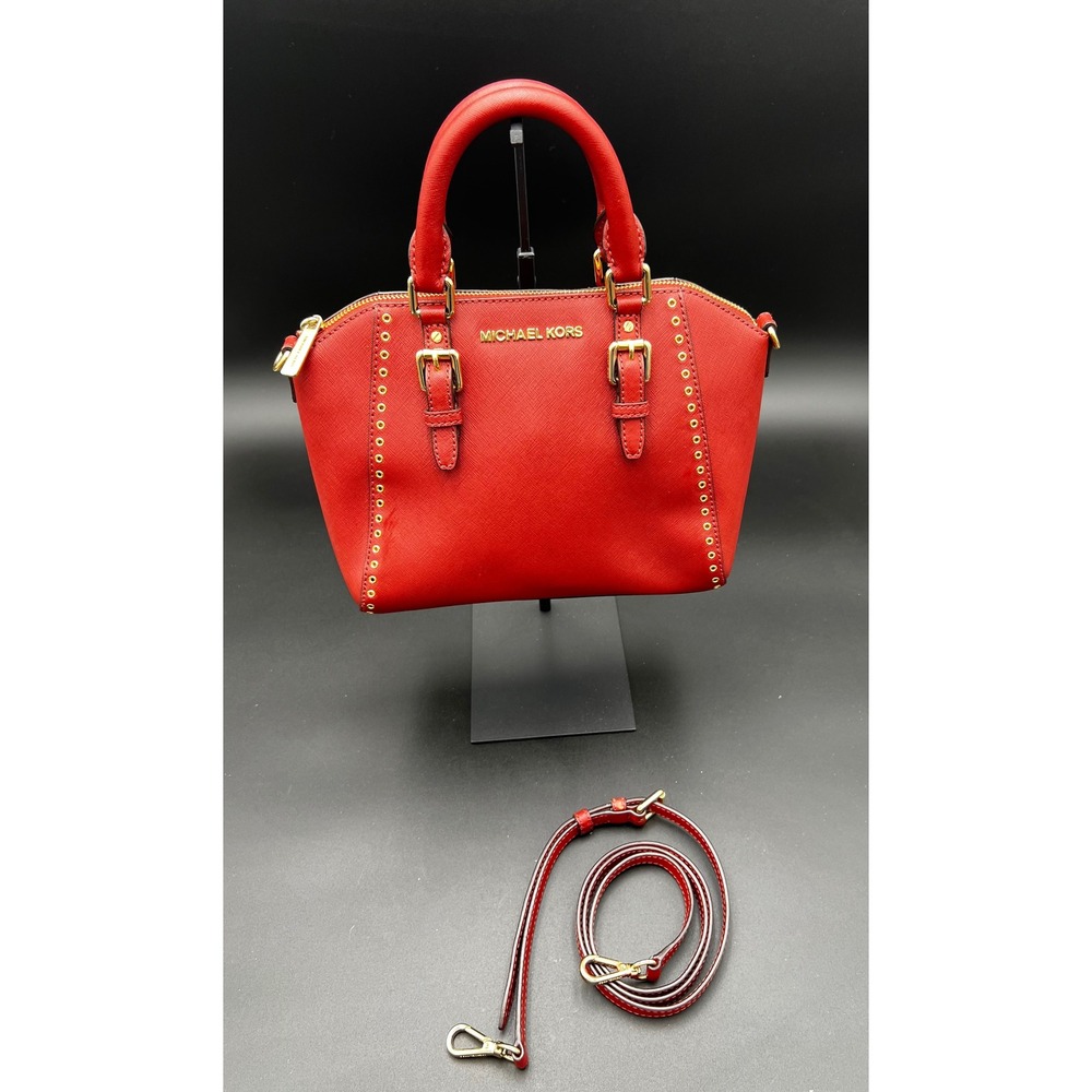 Michael Kors Red Saffiano Leather Ciara Mini Satchel Studded Crossbody Bag H16